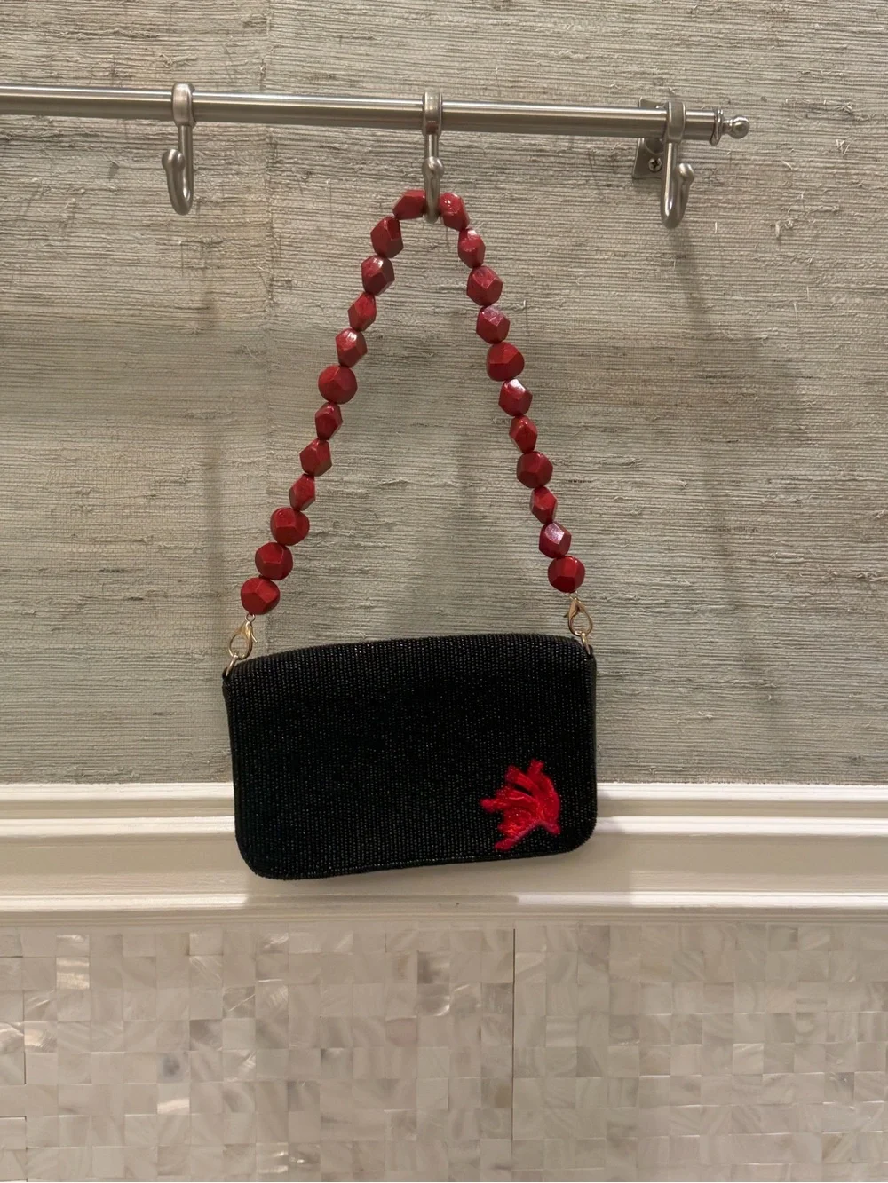 New Beaded shoulder Bag black with red coral white stone handle purse embroidery